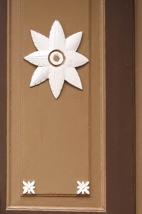 Photo 12736: Panelled, carved, brown, light brown and white double door