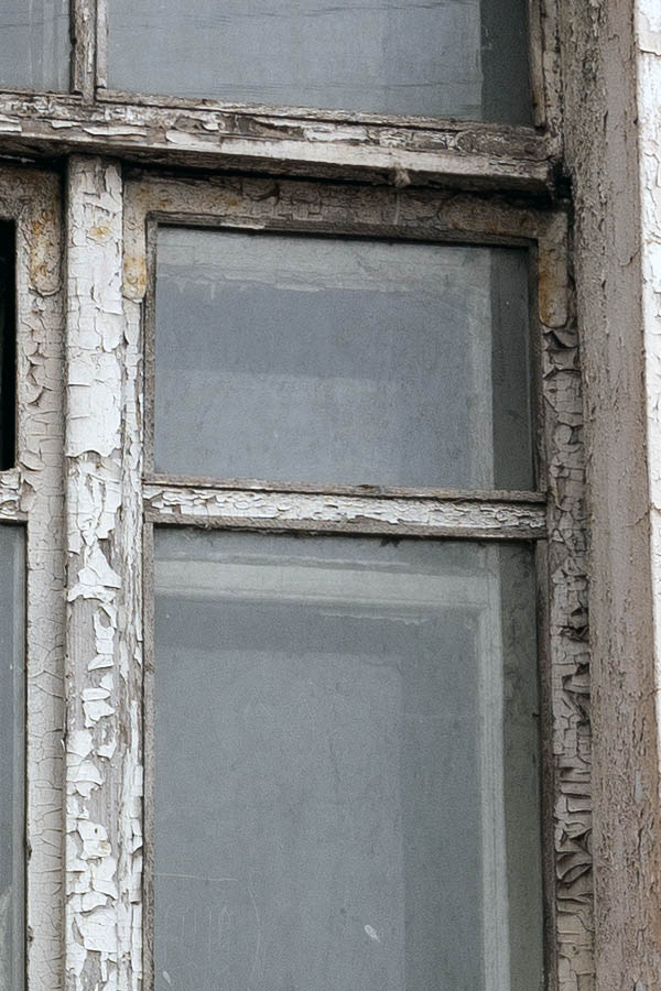 Photo 12754: Decayed, white window with three frames and six panes