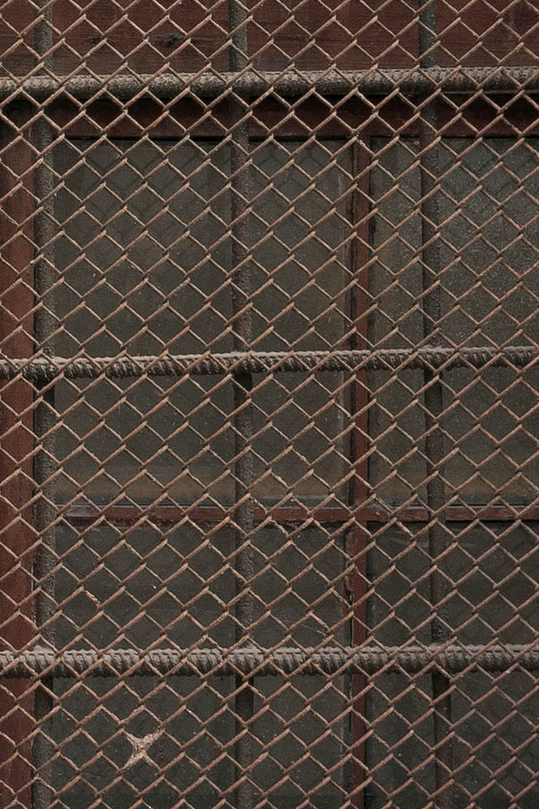Photo 12782: Grated and latticed brown cellar window with four frames and 16 panes