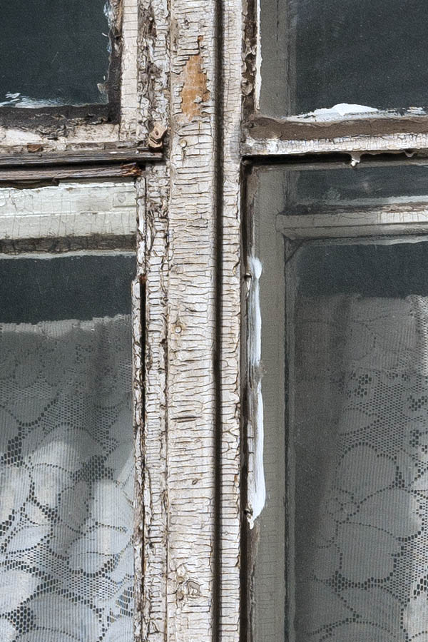 Photo 12784: Decayed, white window with three frames and six panes