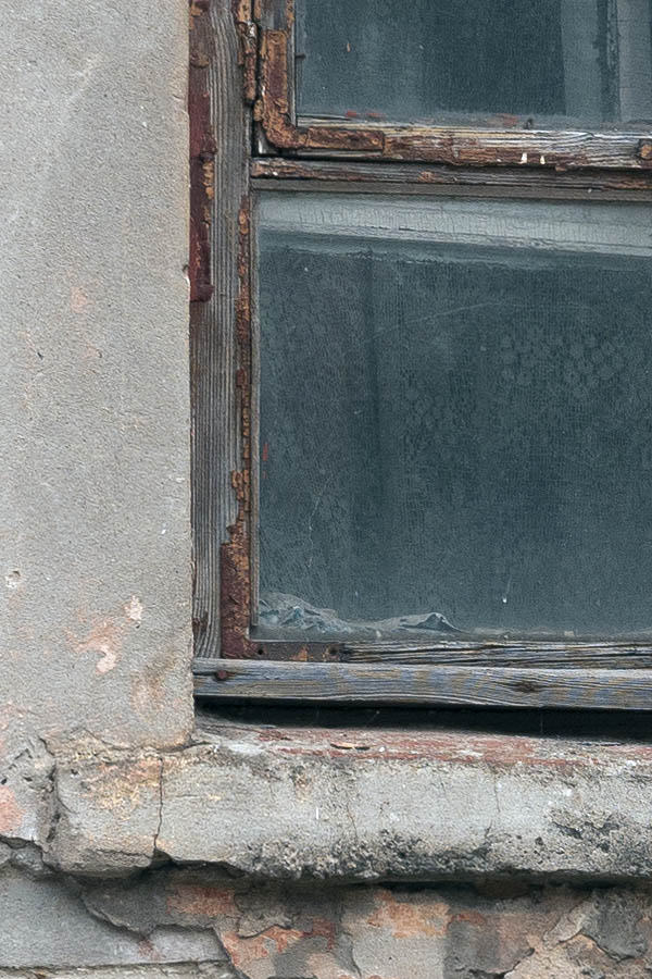 Photo 12792: Decayed, brown window with three frames and six panes