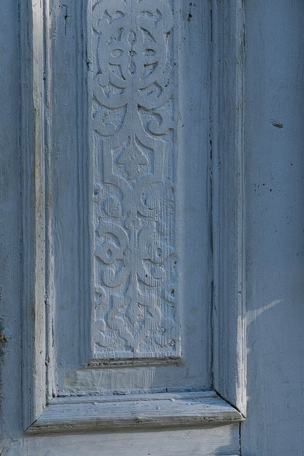 Photo 12998: Decayed, carved, panelled, teal double door with top window