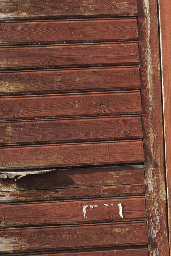 Photo 13069: Decayed, panelled, red gate