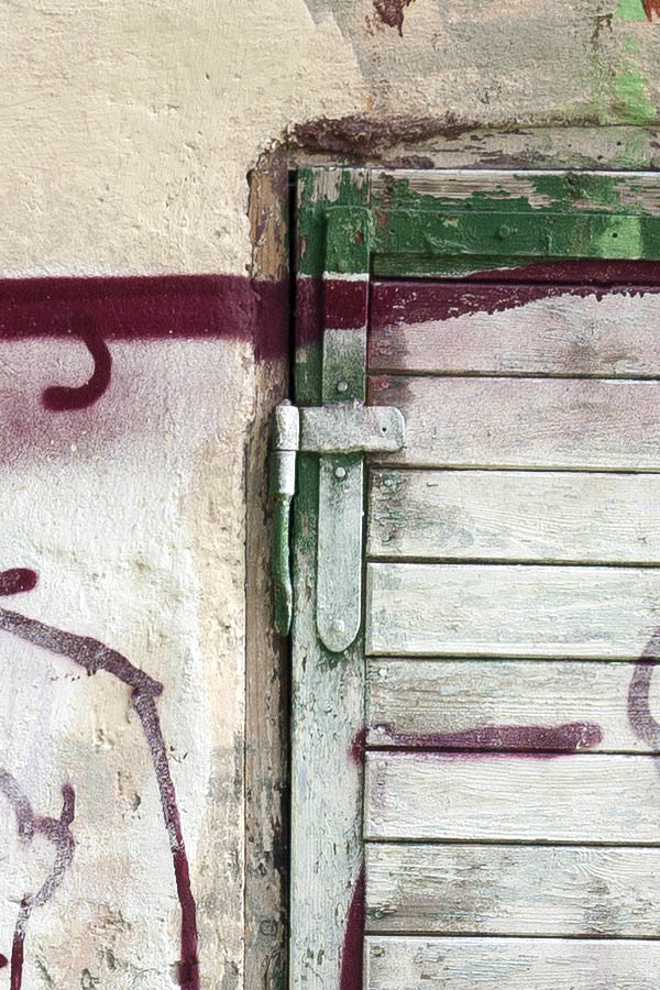 Photo 13332: Worn, panelled, green, padlocked double door