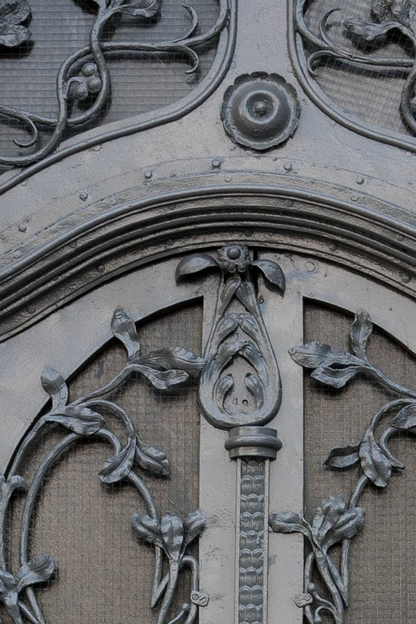 Photo 13580: Formed, panelled, grey double door with latticed fan light