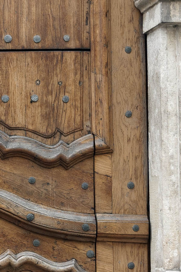 Photo 13624: Formed, carved, oiled gate with minor door and latticed fan light