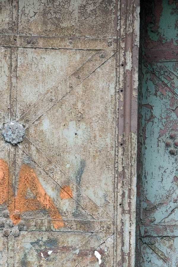 Photo 13670: Formed, decayed, light blue metal door