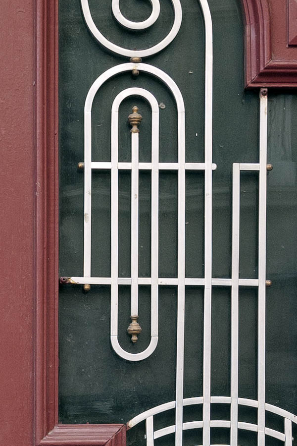 Photo 13813: Panelled, red double door with formed door lights