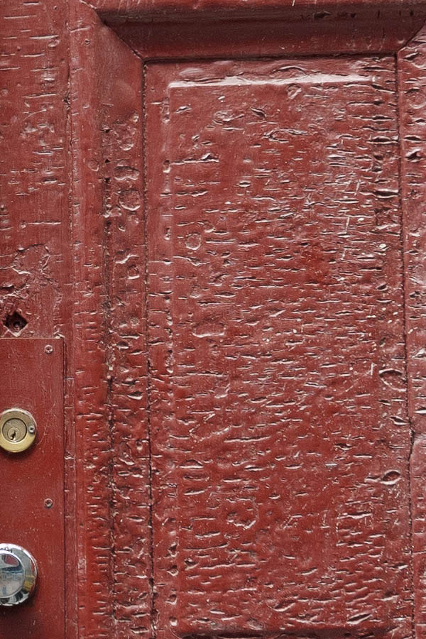 Photo 13931: Worn, panelled, red double door with top window