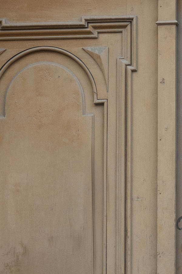 Photo 14205: Large, panelled, light brown gate with latticed fan light