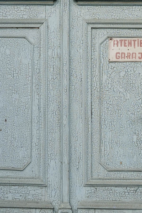 Photo 14326: Panelled, formed, light green gate with minor door