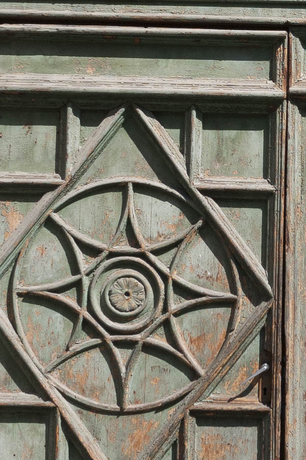 Photo 14490: Worn, carved, formed, panelled, light green gate