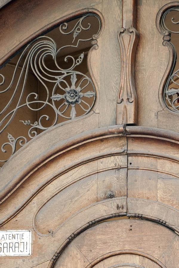 Photo 14529: Formed, panelled, oiled gate with minor door and latticed fan lights