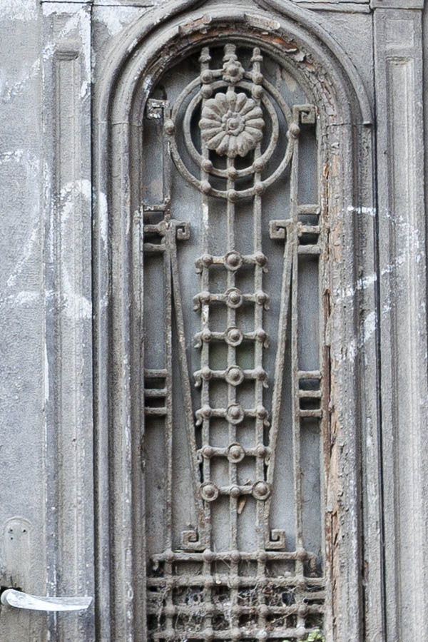 Photo 14656: Decayed, carved, panelled, grey double door with top windows
