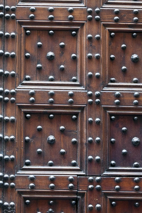 Photo 14682: Panelled, formed, oiled double door with many spikes