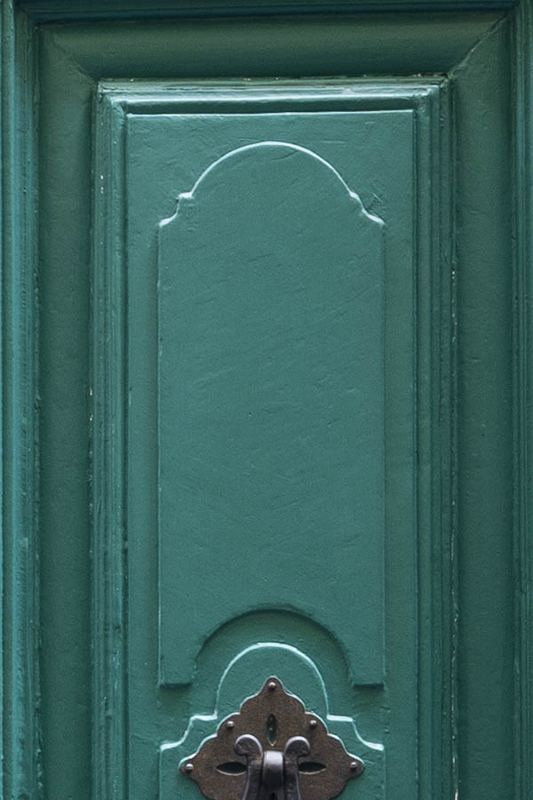 Photo 14731: Carved, panelled, green double door with barred fan light