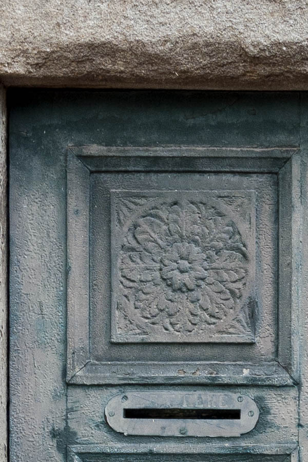 Photo 14859: Worn, panelled, teal double door