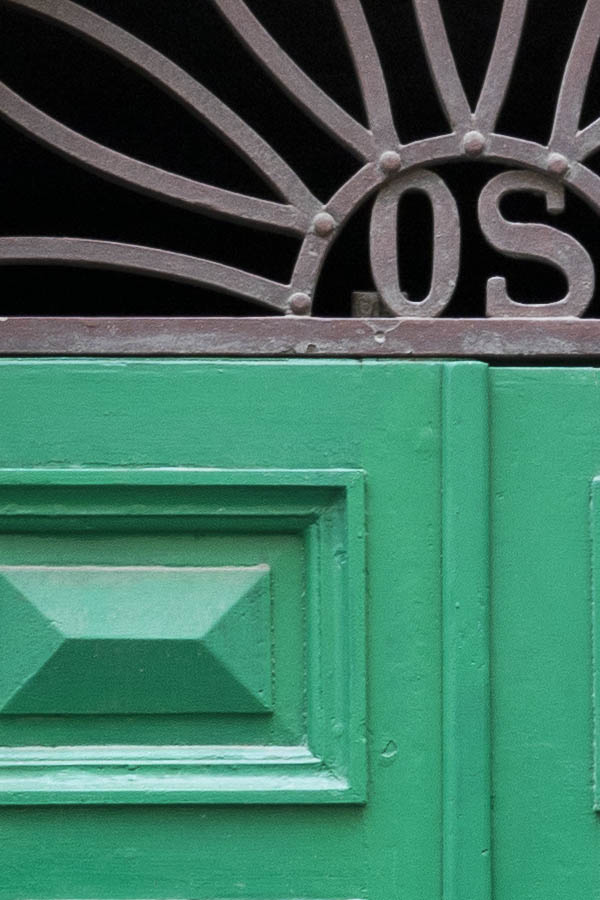 Photo 14960: Panelled, green double door with latticed fan light
