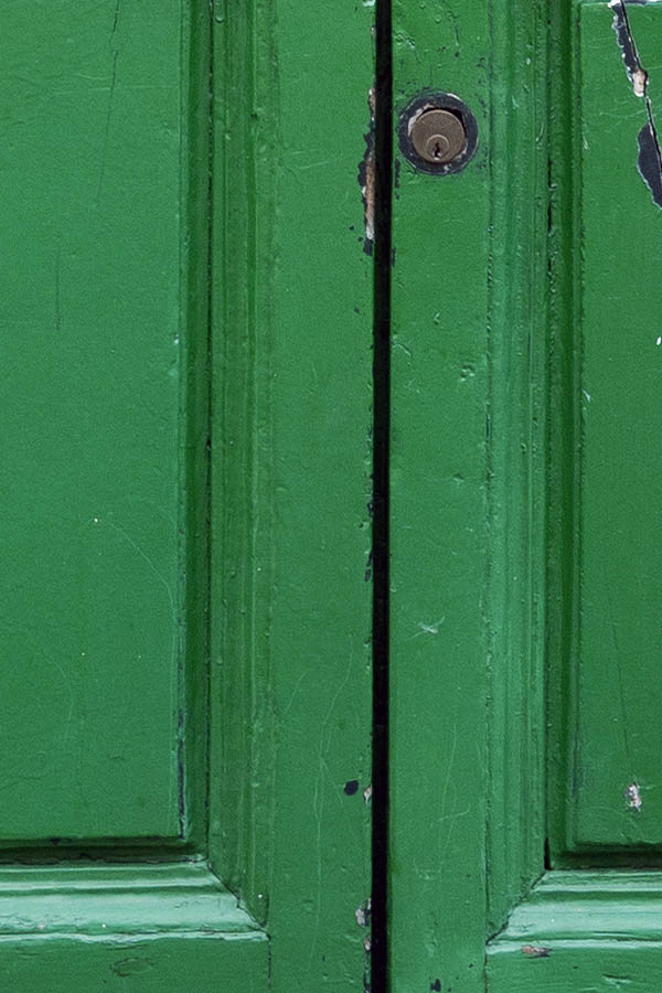 Photo 15098: Panelled, green double door with barred, white top window