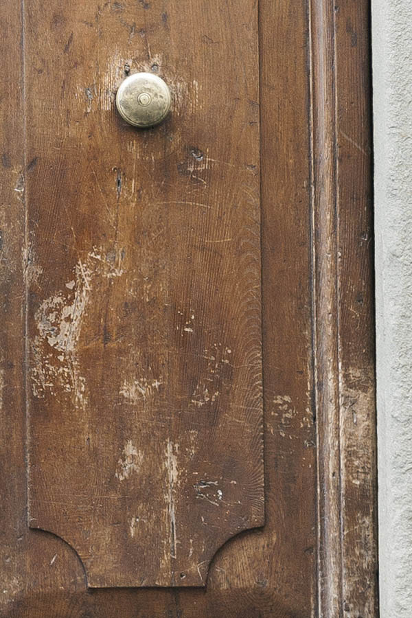 Photo 15230: Worn, panelled, oiled double door with latticed fan light