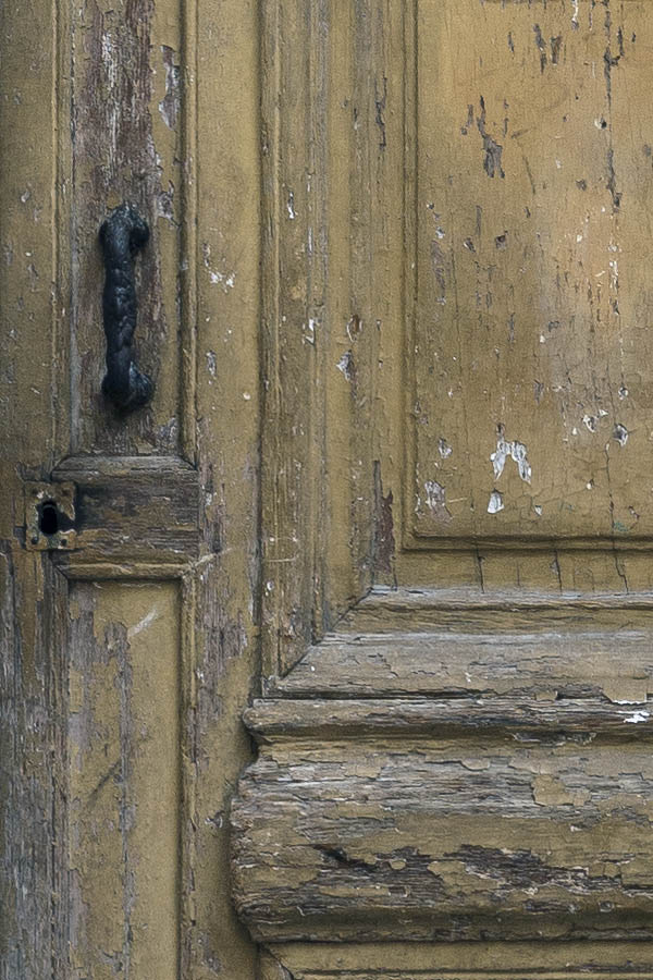 Photo 15464: Decayed, panelled, unpainted, light green and yellow door with barred fan light