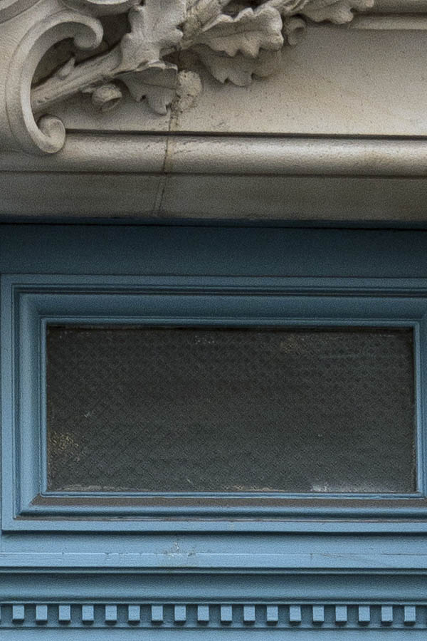 Photo 15540: Panelled, carved, light blue double door with door lights