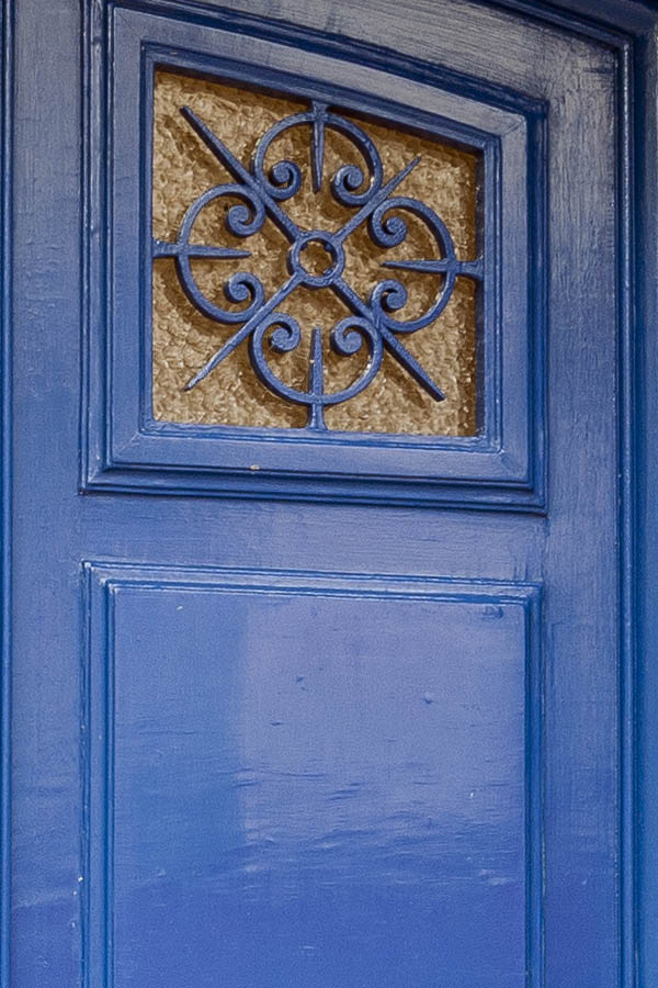 Photo 15555: Formed, panelled blue double door with latticed door lights