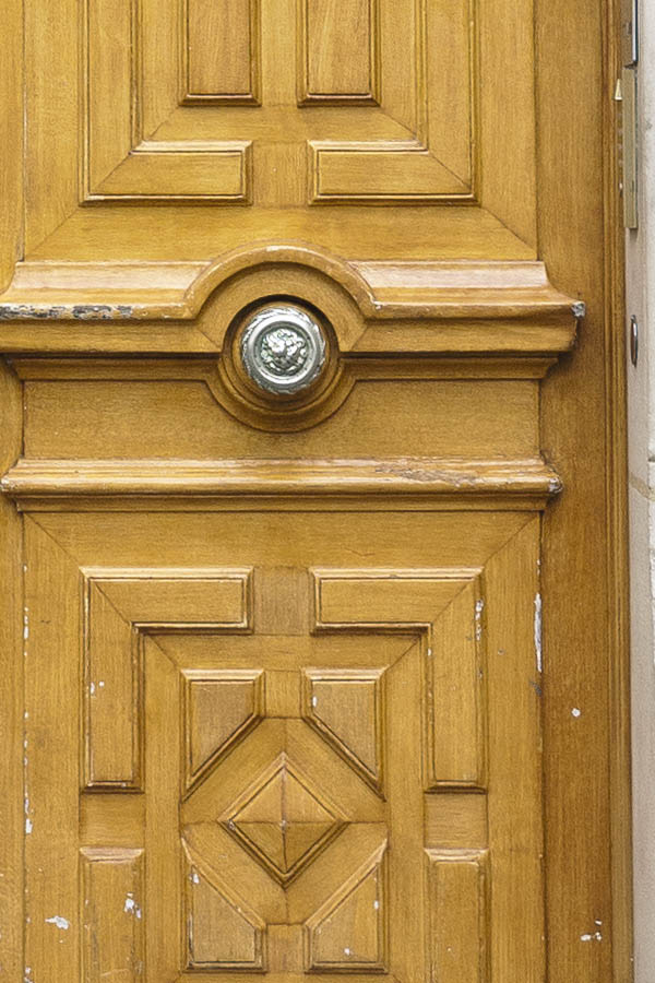 Photo 15559: Carved, panelled, yellow double door with formed, round top windows