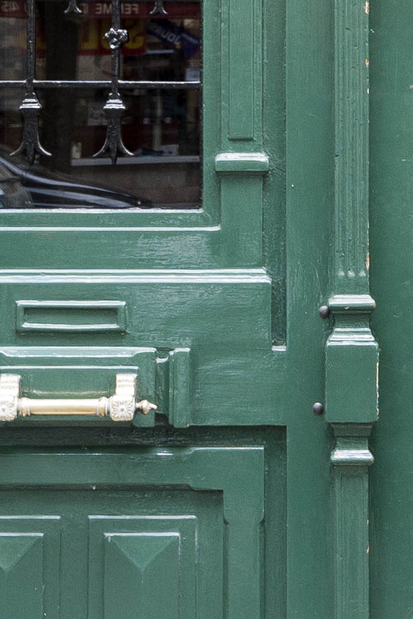 Photo 15561: Panelled, carved, green double door with top windows and latticed door lights