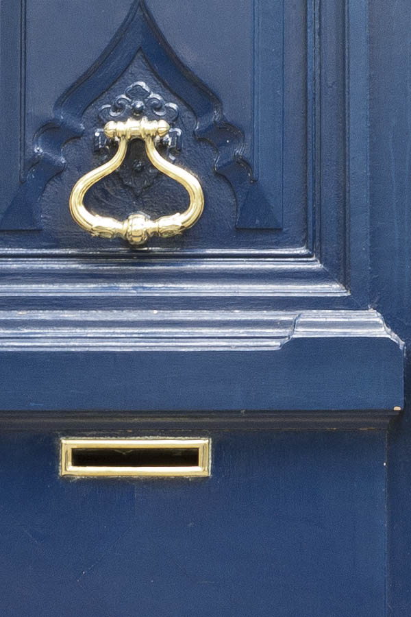 Photo 15563: Panelled, carved, blue double door with latticed, formed, round door lights