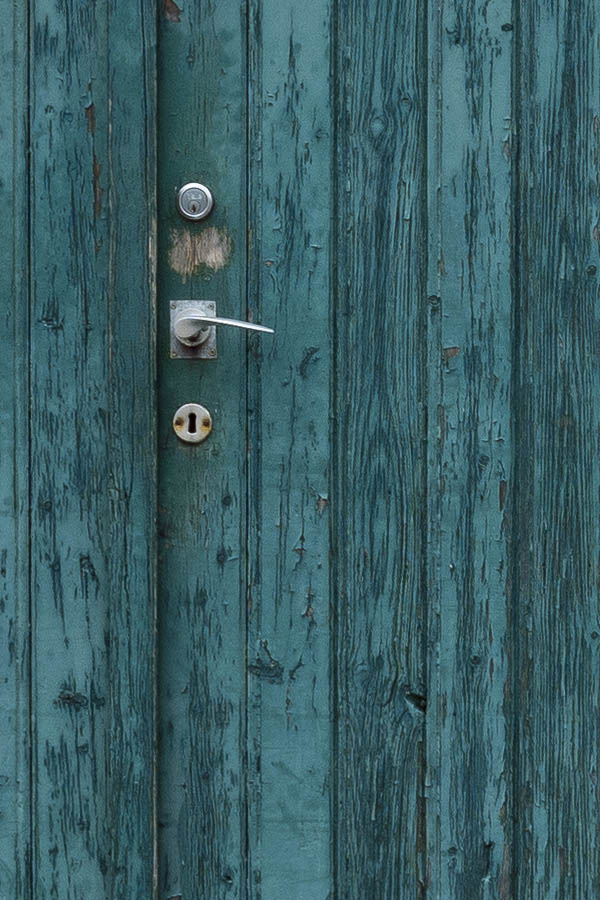 Photo 15858: Worn, formed, teal gate made of planks