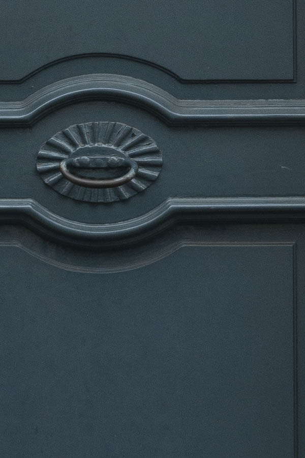 Photo 15993: Panelled, carved, black door with latticed top window