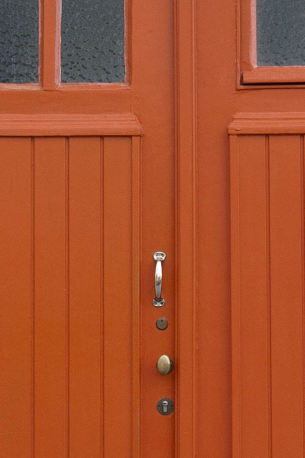 Photo 16072: Formed, panelled, red gate with door lights and minor door