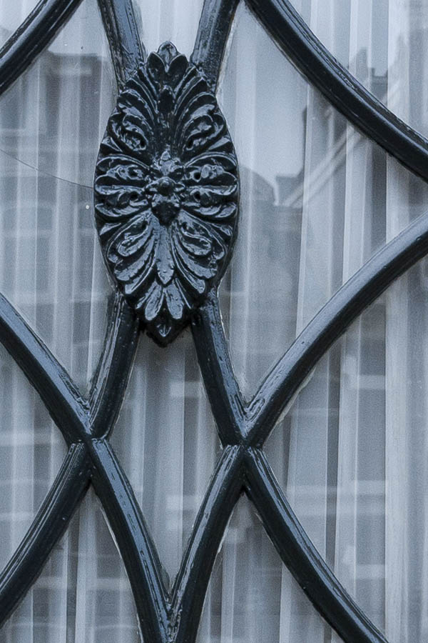 Photo 16108: Carved, panelled, black door with decorated door light