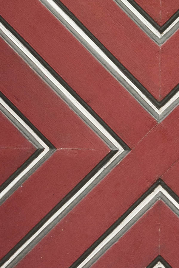 Photo 16190: Panelled, grey, red and white door with white top window