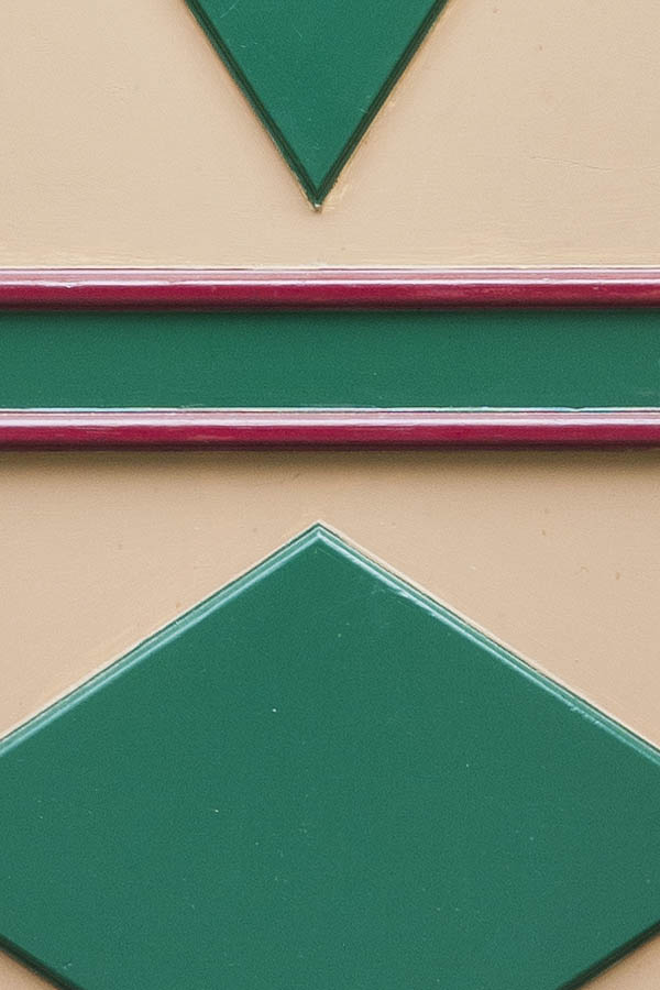 Photo 16304: Panelled, green, red and light brown door with white top window