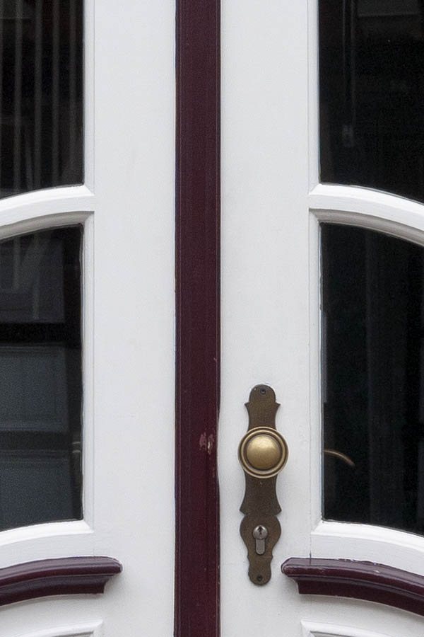 Photo 16364: Panelled, formed, carved, white, green and brown double door with top window and door lights