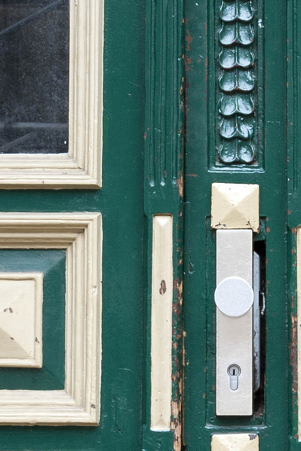 Photo 16404: Worn, panelled, carved, green and yellow double door with door lights