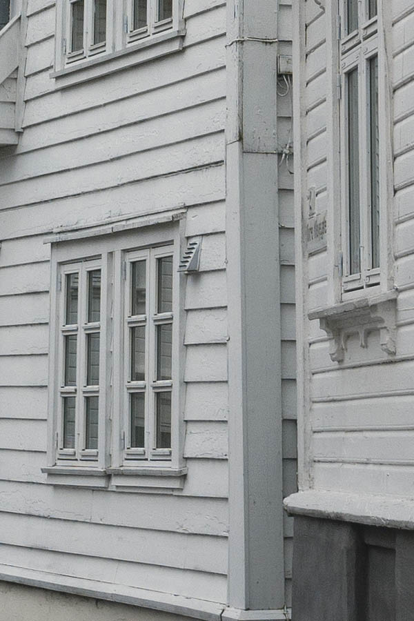 Photo 16507: Facades of white, wooden houses with a large office building behind it