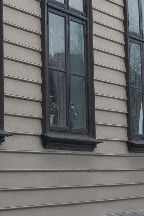 Photo 16582: Facade of light yellow wooden house with nine brown windows