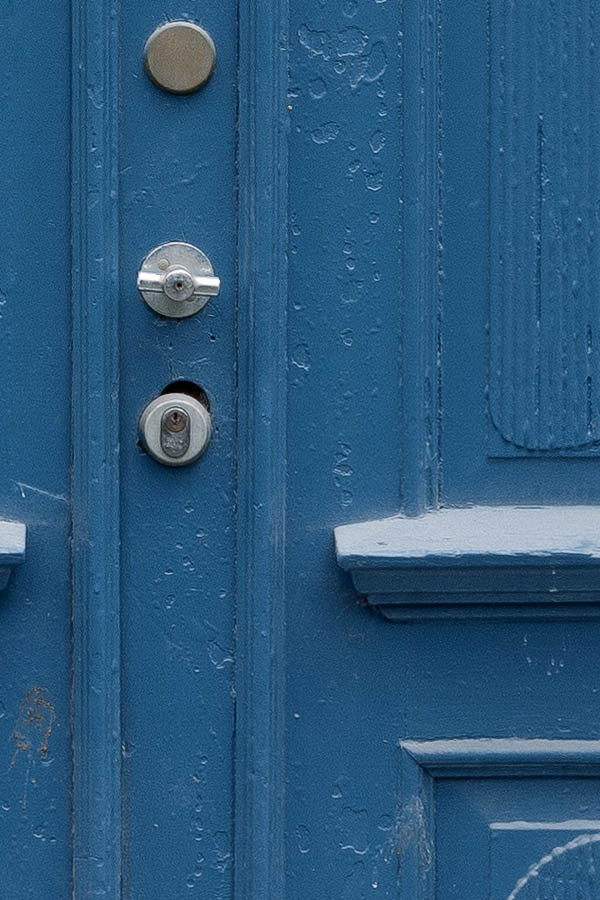 Photo 16591: Panelled, carved, blue double door with white top window
