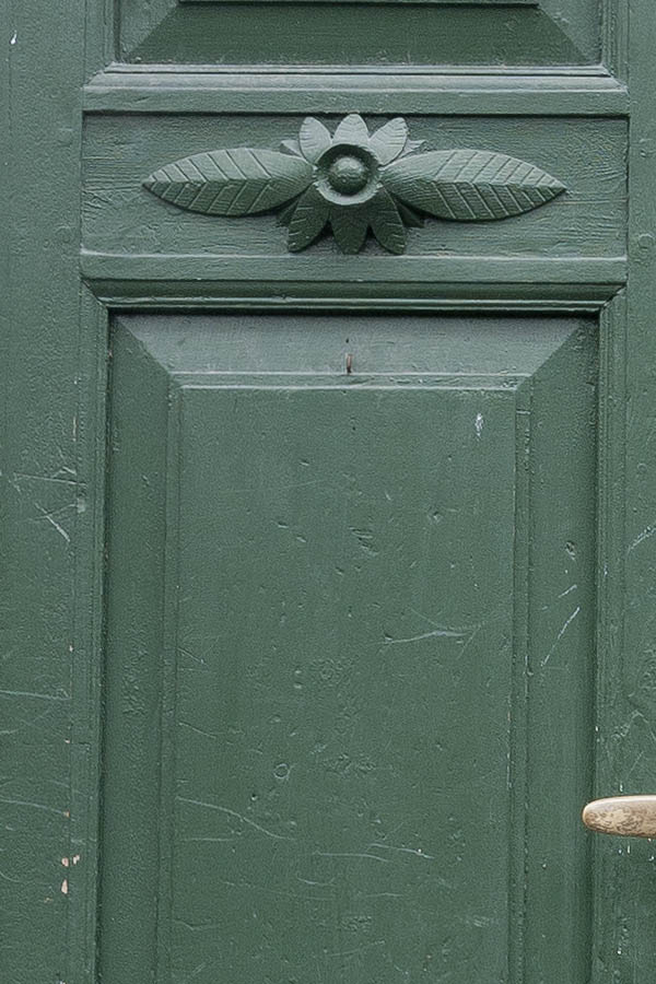 Photo 16595: Panelled, carved, green double door with top window