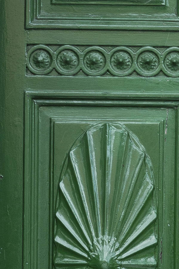 Photo 16844: Panelled, carved, green double door