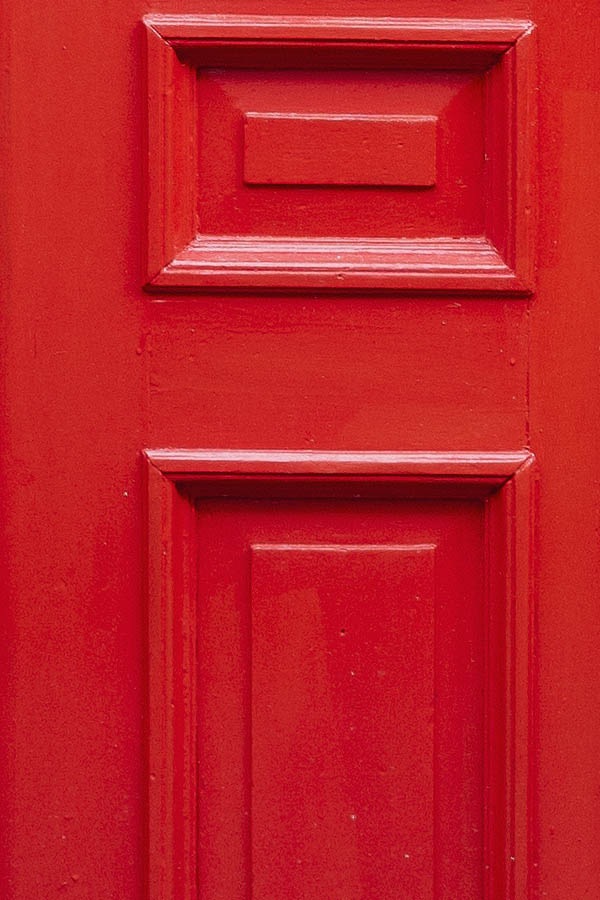 Photo 16854: Panelled, crimson red double door with top window