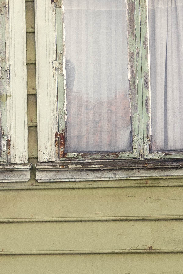 Photo 16879: Worn, light green facade of board partition with green door and windows