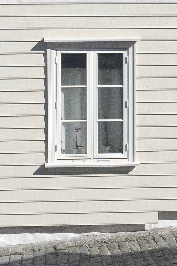 Photo 16900: Facade of white wooden house with four white windows and black roof