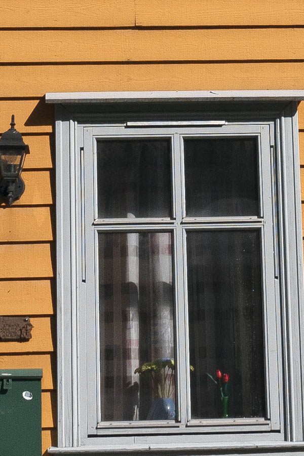 Photo 16912: Facade of yellow wooden house with a grey door and six grey windows
