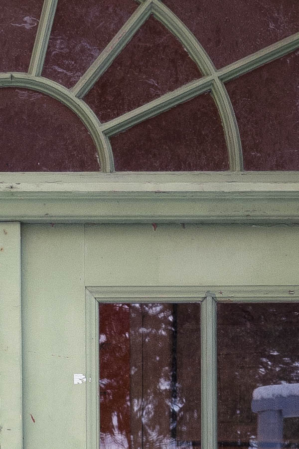 Photo 17084: Worn, panelled, light green double door with door lights and fan light