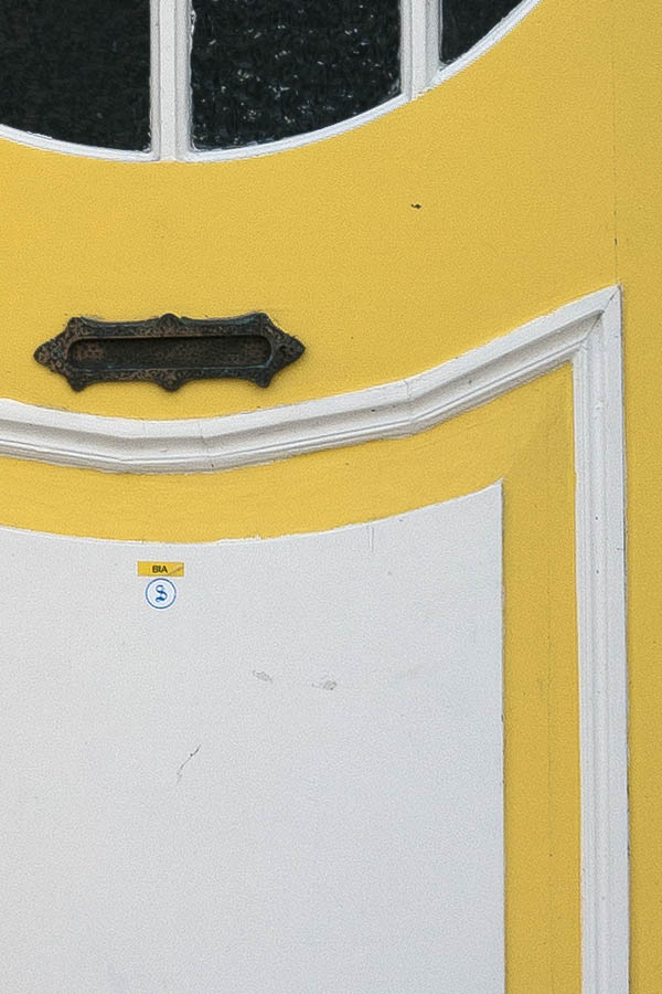 Photo 17128: Formed, panelled, yellow and white door in Art Nouveau style with door light and top window