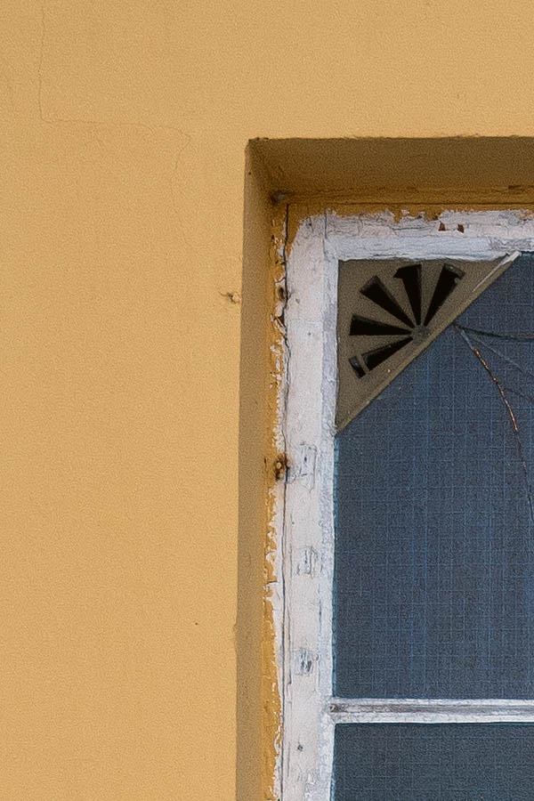 Photo 17170: Decayed, white window with two frames and four panes